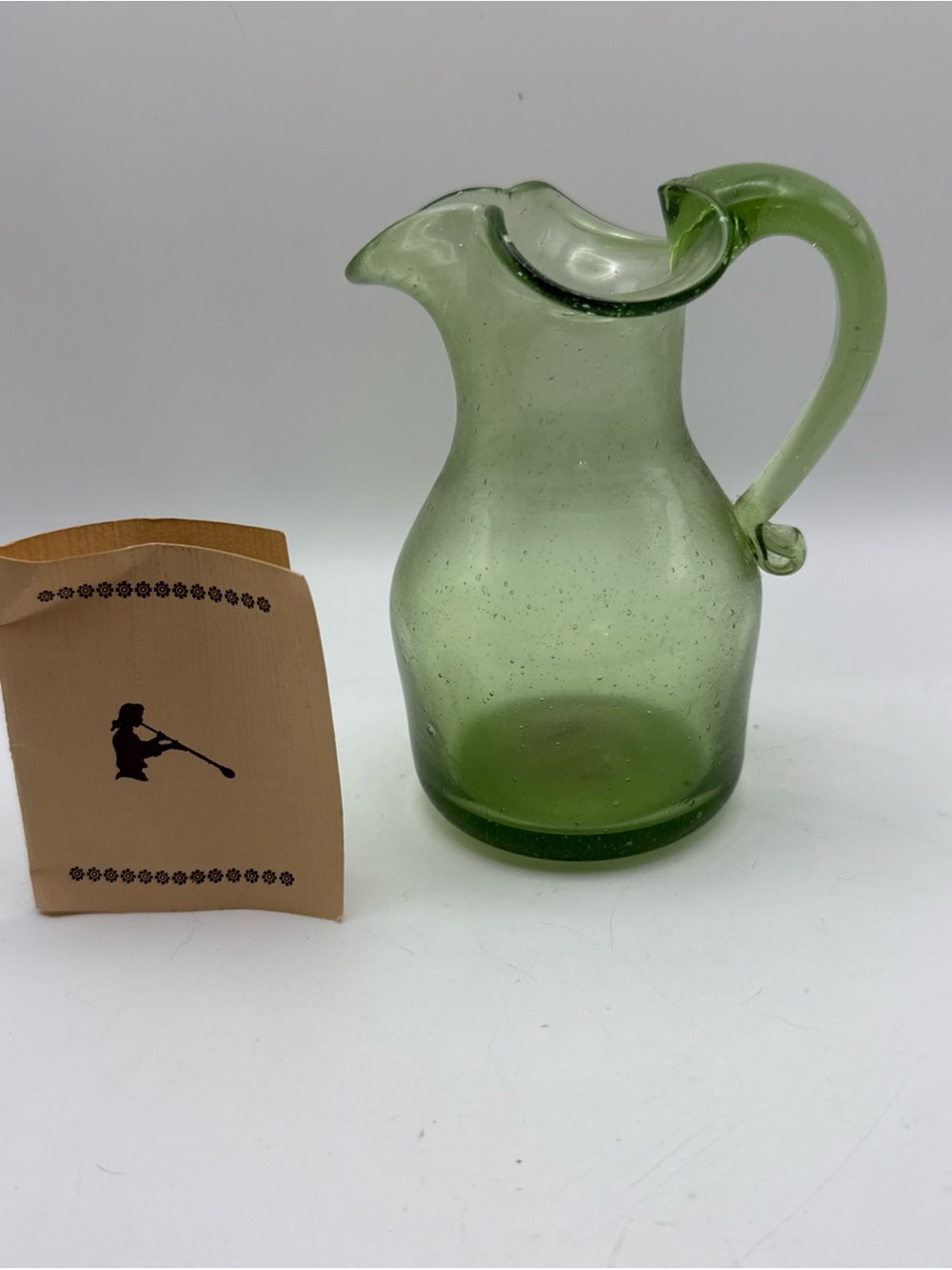 Vintage Hand Blown Green Bubble Glass Pitcher Vase Jamestown Virginia Glasshouse